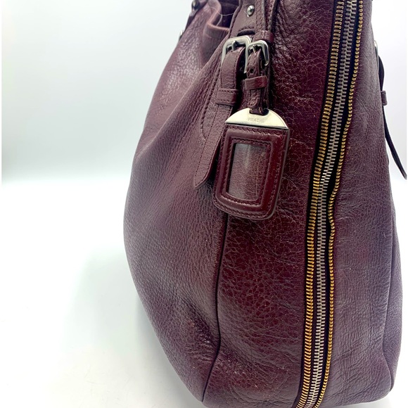 Auth Prada Burgundy Plum Cervo Shine Leather Double Zipper Shoulder Bag Preloved - Picture 14 of 16